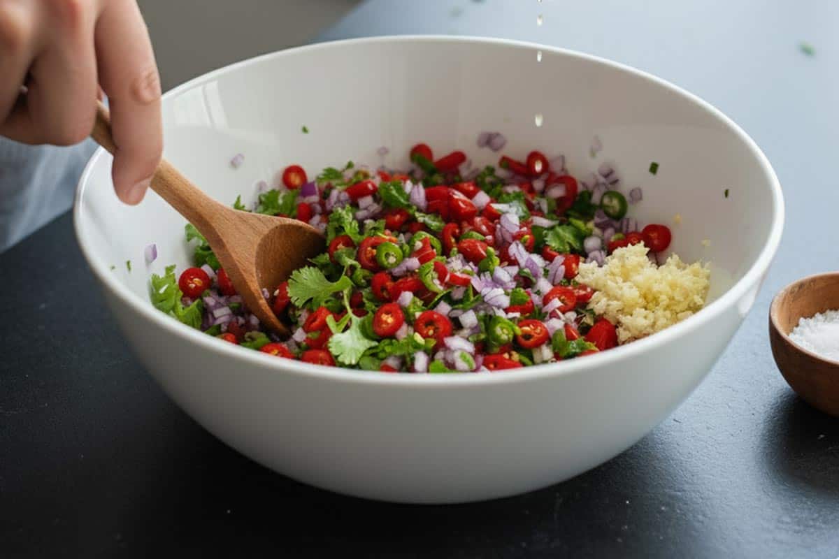 Mixing tomatoes, onion, cilantro, chili, garlic, lime juice, and salt in a bowl.