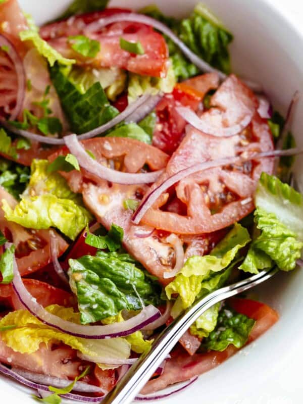 Easy Tomato Salad in a white bowl
