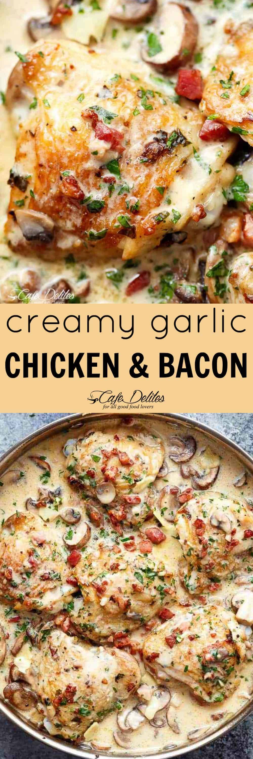 Creamy Baked Chicken Thighs with Mushrooms & Bacon - Cafe Delites