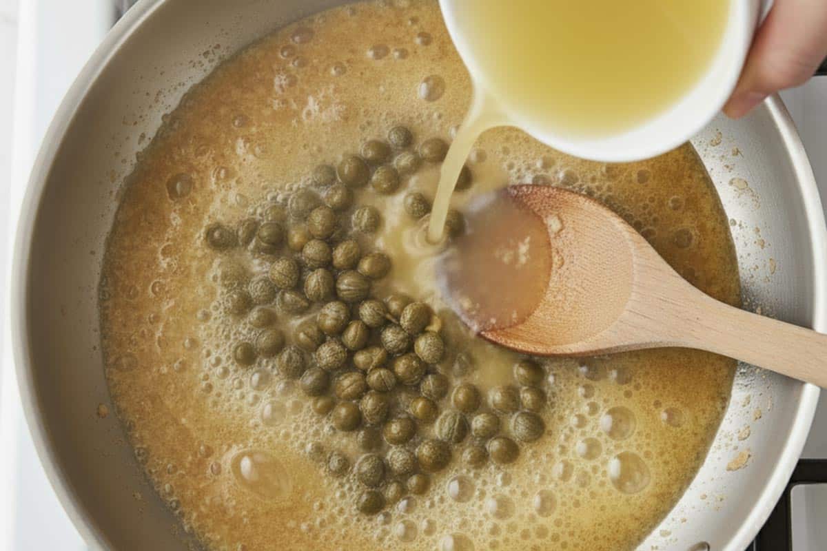 Pouring in the chicken stock in the pan with lemon juice, and capers.