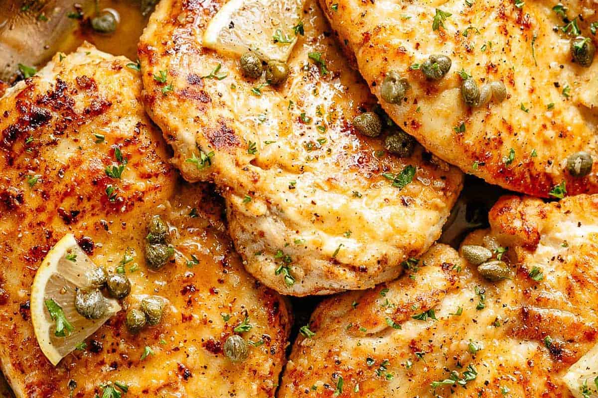 Close-up shot of Chicken Piccata.