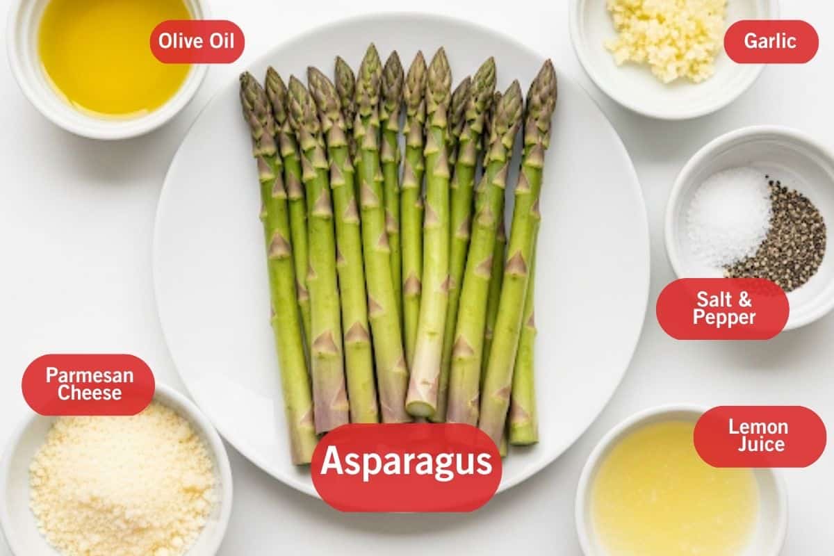 Flat lay photo of ingredient shot of olive oil, garlic, salt and pepper, lemon juice, parmesan cheese, asparagus. - 2