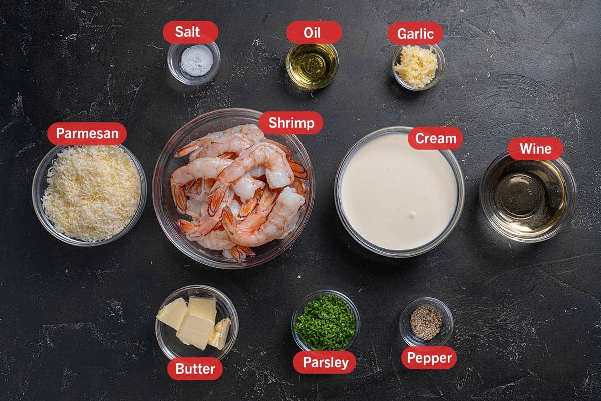 Image of the needed ingredient. specifically: Parmesan, shrimp, cream, wine, butter, parsley, pepper, salt, oil, garlic.