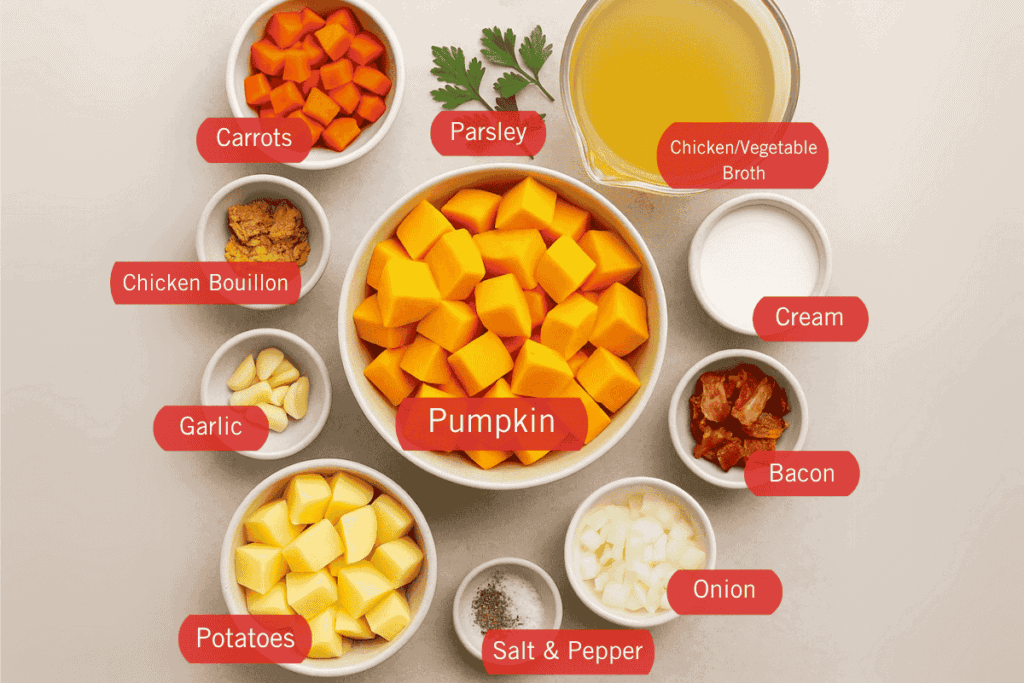 Creamy pumpkin soup ingredients which are carrots, parsley, chicken/vegetable broth, chicken bouillon, garlic, pumpkin, potatoes, salt and pepper, onion, bacon, and cream