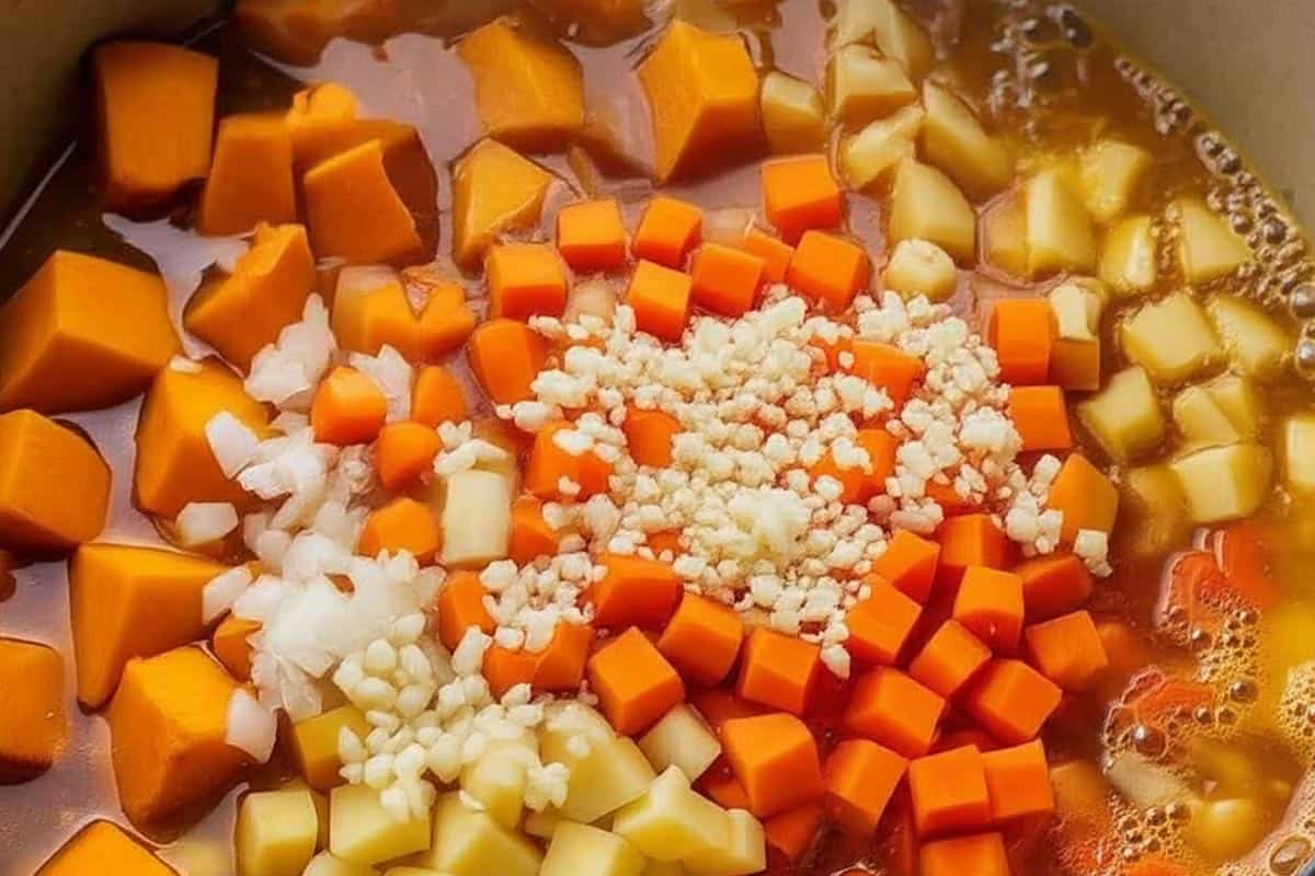 A large pot with pumpkin, onion, potatoes, carrots, garlic, and broth.
