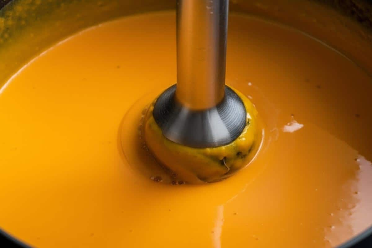 Pureeing the soup directly in the pot.