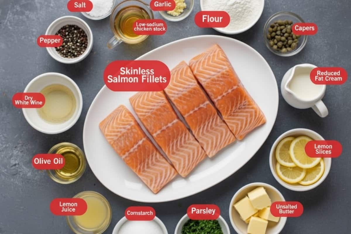 Flat lay photo of ingredient shot of salt, pepper, low sodium chicken stock, flour, capers, reduced fat cream, lemon slices, unsalted butter, parsley, cornstarch, lemon juice, olive oil, dry white wine, skinless salmon fillets