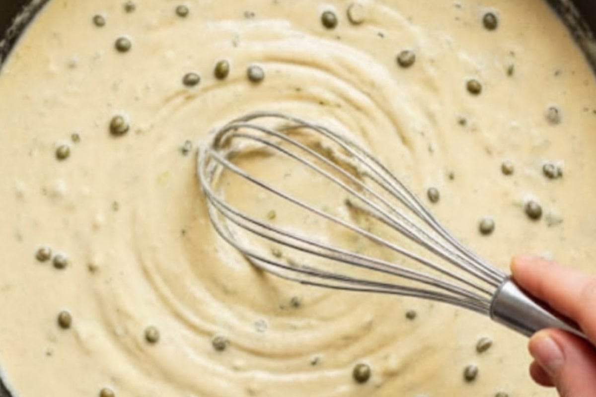 Whisk cornstarch with a little stock, then add it into the pan to thicken. Stir in the cream and capers.