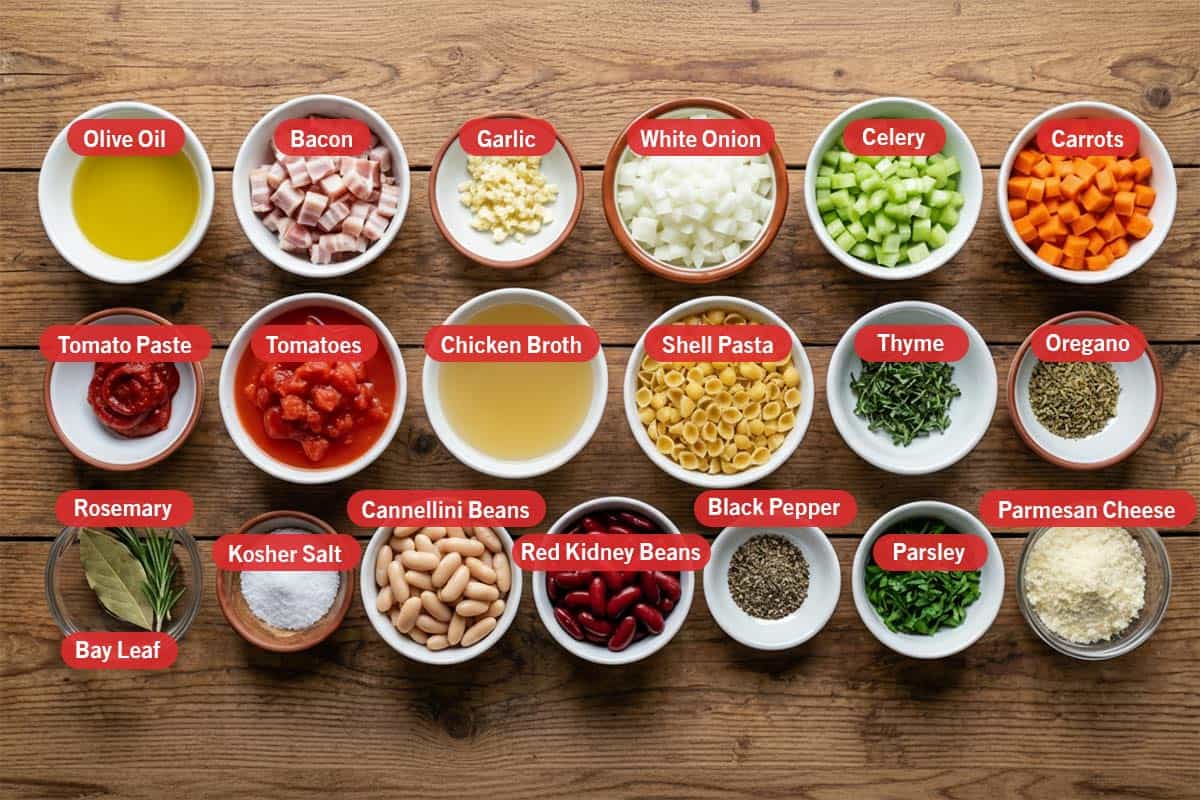 Top shot of ingredients: olive oil, bacon, garlic, white onion, celery, carrots, tomato paste, tomatoes, chicken broth, shell pasta, thyme, oregano, rosemary, bay leaf, kosher salt, cannellini beans, red kidney beans, black pepper, parsley, and parmesan cheese.
