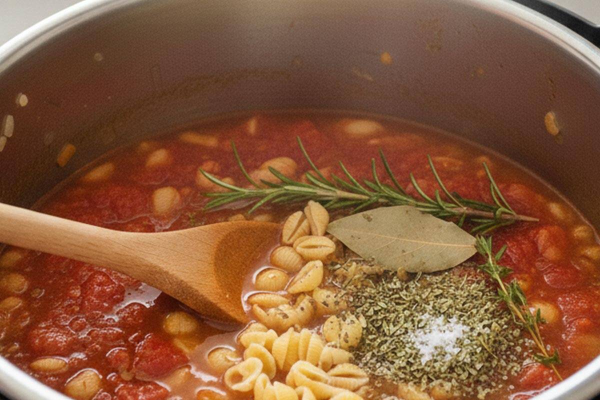 Added the diced tomatoes, chicken broth, pasta, thyme, oregano, bay leaf, rosemary, and salt.
