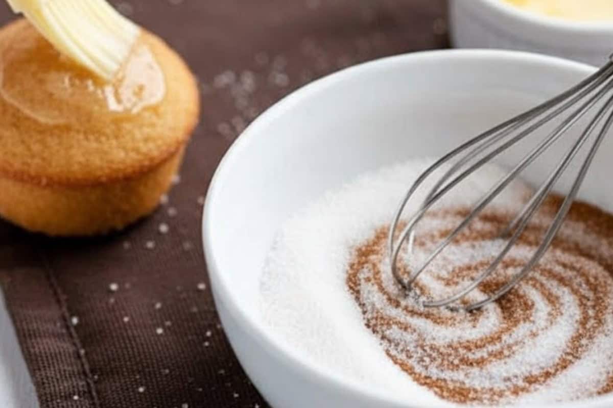 In a shallow bowl, mix the sugar and cinnamon together. Brush each warm donut lightly with melted butter