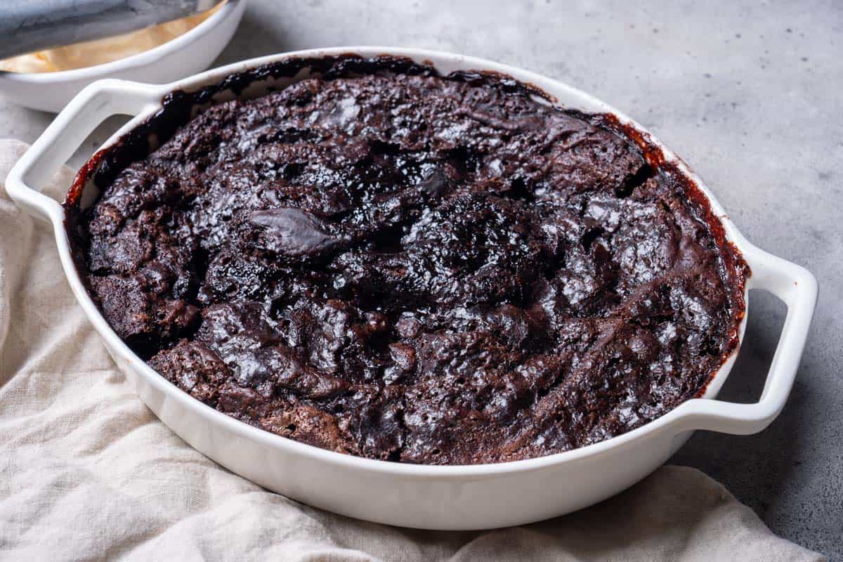 cooked hot fudge chocolate pudding cake  close up
