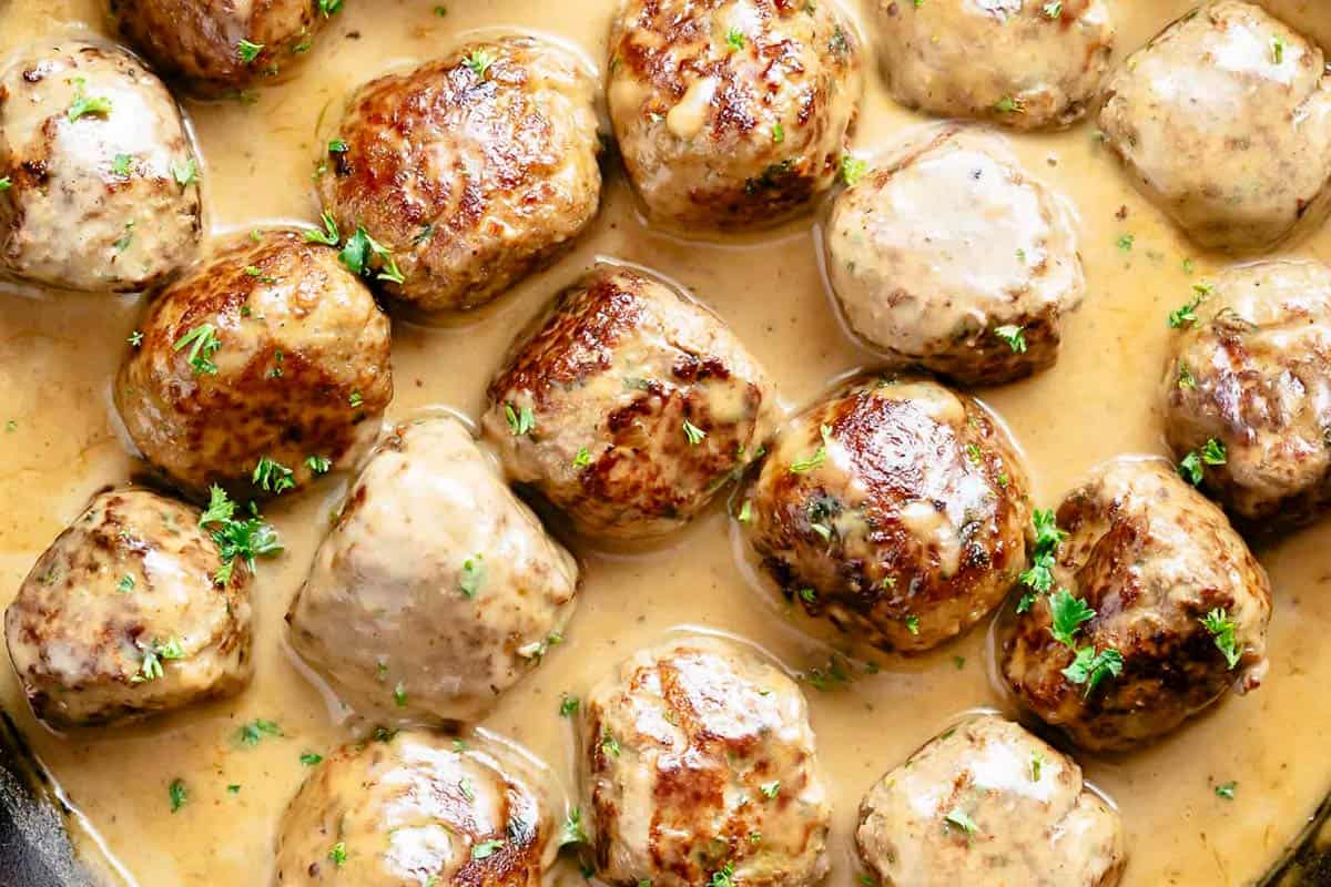 Close-up shot of Swedish Meatballs.