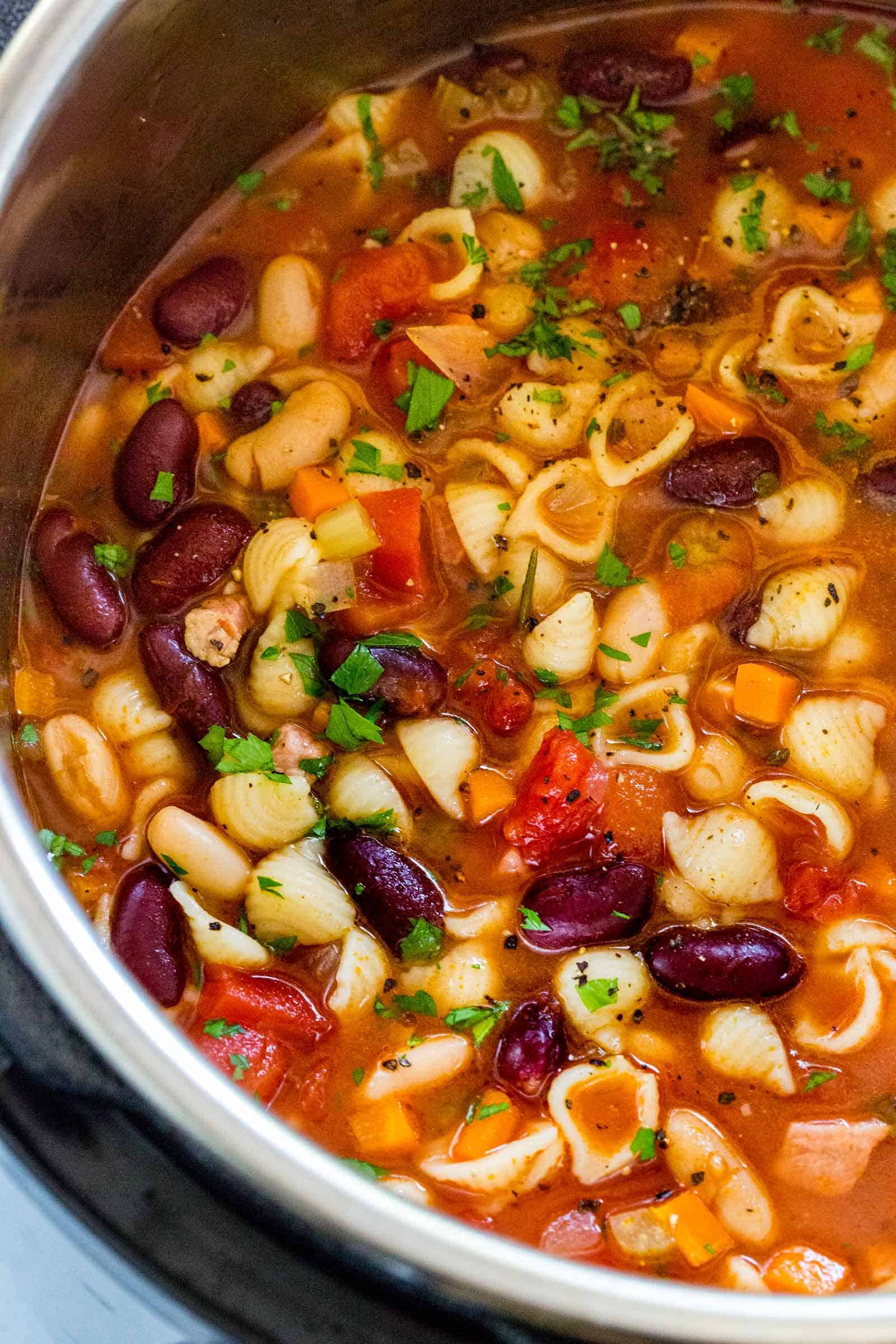 Close up view of Instant Pot Pasta e Fagioli