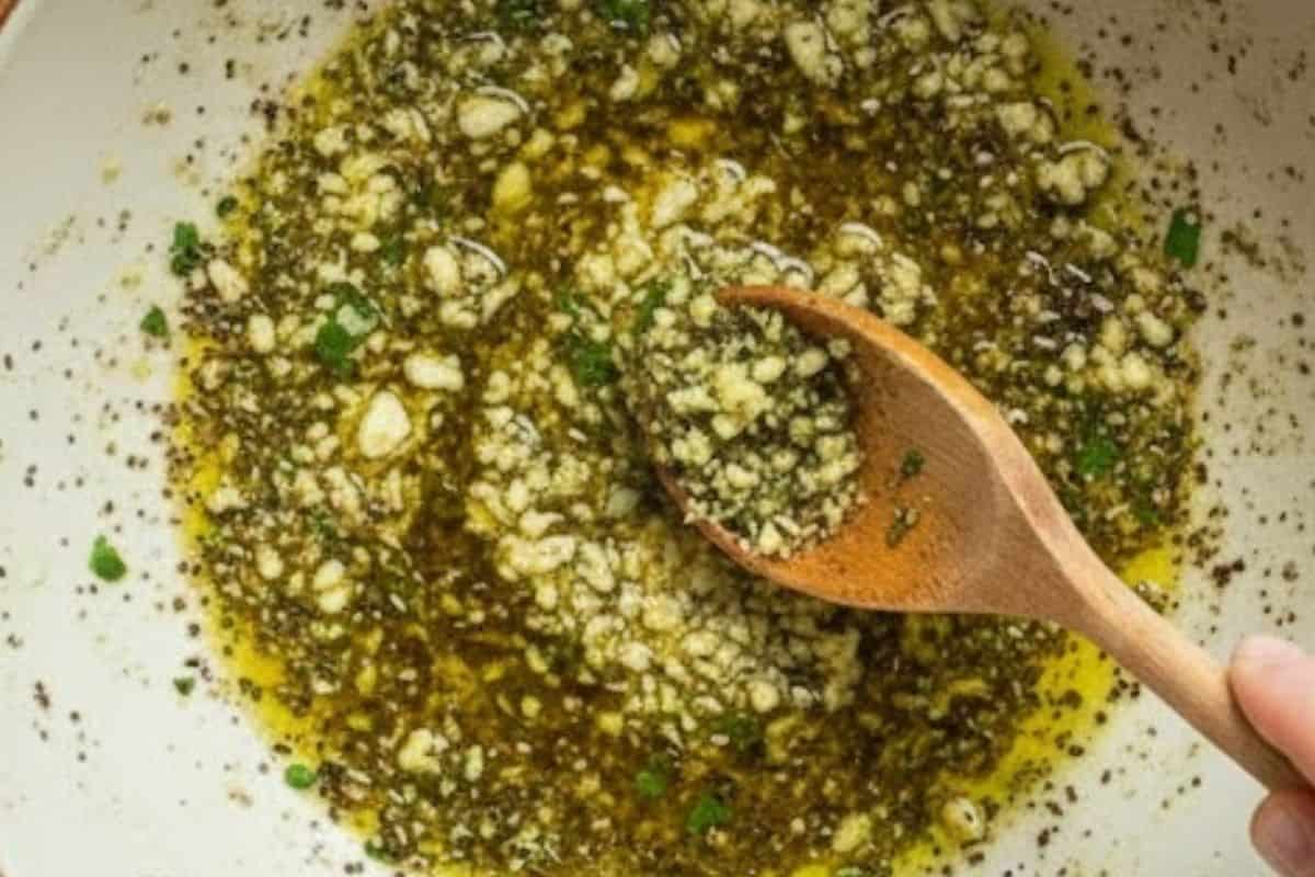 In a bowl, combine olive oil, garlic, salt, herbs, pepper, and parmesan cheese.
