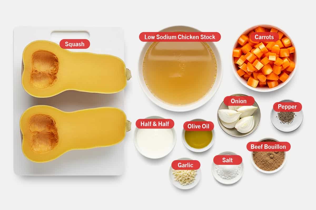 Top shot of ingredients: Squash, low sodium chicken stock, carrots, half & half, olive oil, onion, pepper, garlic, salt, and beef bouillon.