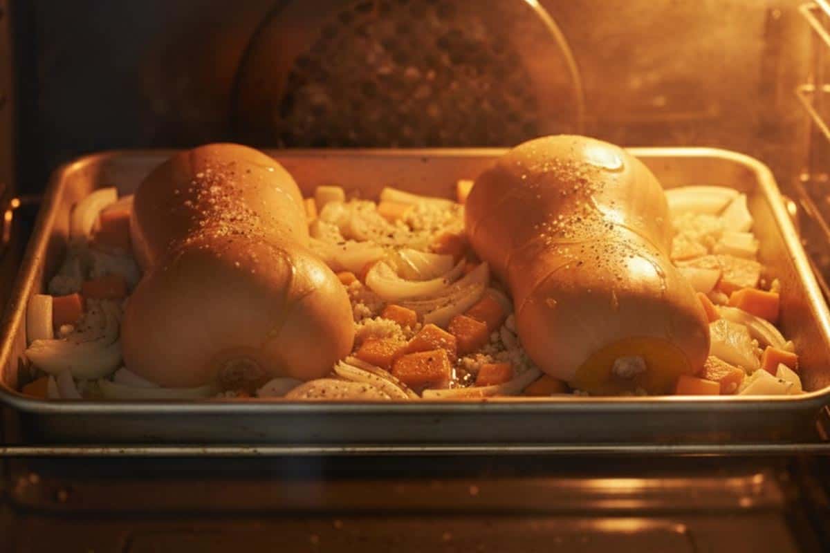 Roasting the vegetables in the oven.