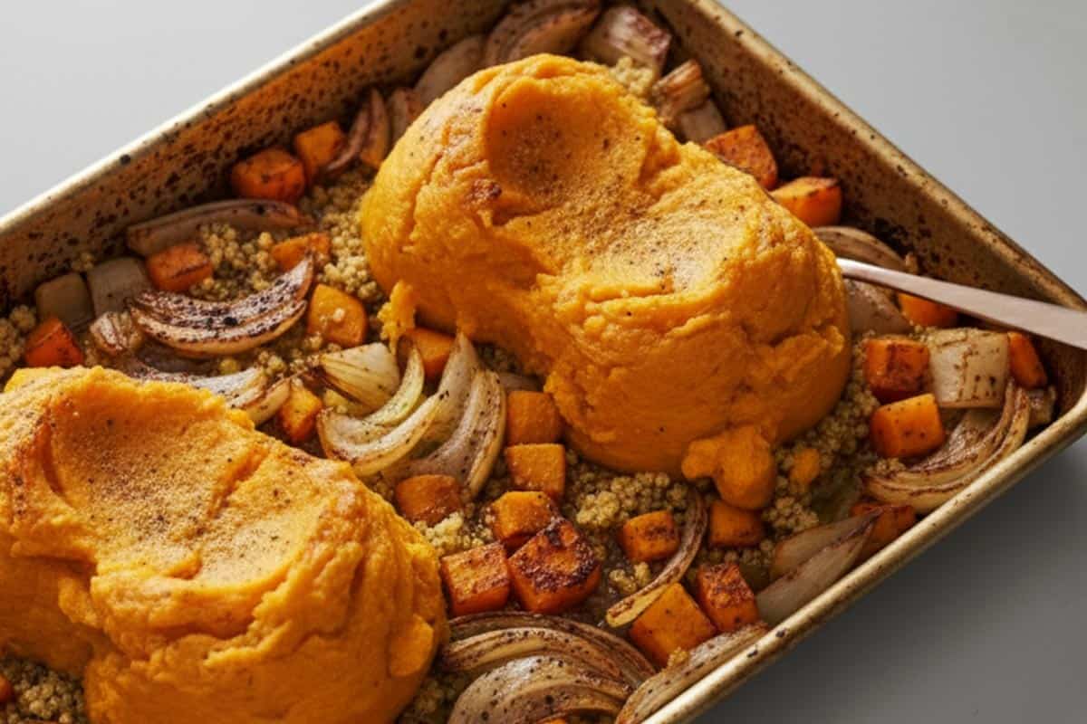Scooped cooked squash flesh in the tray with other vegetables.