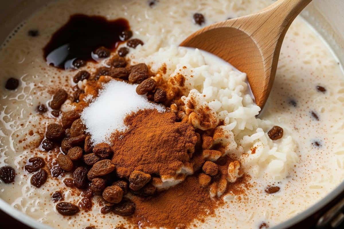 Milk, rice, sugar, cinnamon, vanilla, and raisins with a spoon.