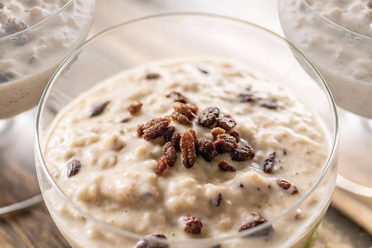 Cinnamon Rice Pudding in a glass cup topped with extra raisins.
