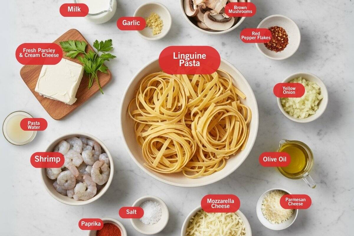 Flat lay photo of ingredient shot linguine pasta, pasta water, fresh parsley and cream cheese, milk, garlic, bacon mushroom, red pepper flakes, yellow onion, olive oil, parmesan cheese, mozzarella cheese, salt, paprika, shrimp