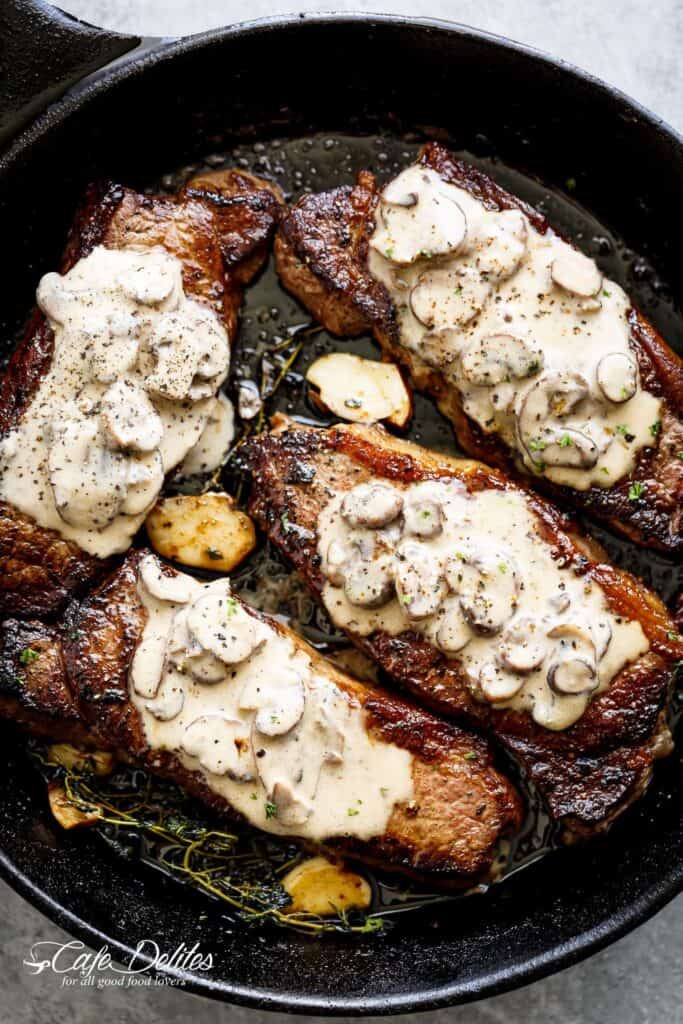 4 pieces of Pan Seared Garlic Butter Steak & Mushroom Cream Sauce