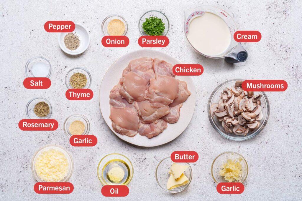 a white board with ingredients laid oout, chicken, mushroom, heavy cream, galic, seasonings, herbs and parmesan cheese.