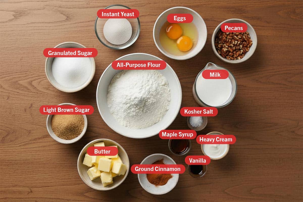 Top shot of ingredients: instant yeast, eggs, pecans, granulated sugar, all-purpose flour, milk, kosher salt, light brown sugar, maple syrup, heavy cream, vanilla, butter, and ground cinnamon. - 2