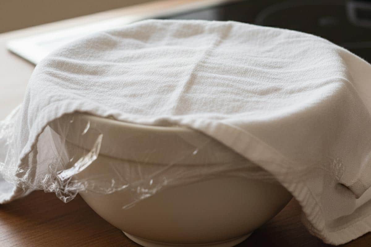Placed the dough into the prepared bowl, covered loosely with plastic wrap and a clean towel. - 6