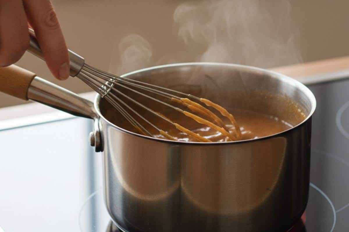 Heating the butter, brown sugar, maple syrup, and vanilla in a saucepan. - 9