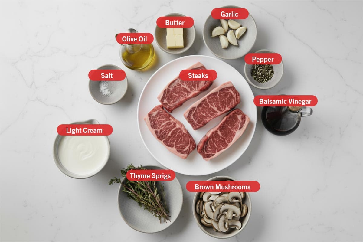 Top shot of ingredients: salt, olive oil, butter, garlic, pepper, balsamic vinegar, steaks, light cream, thyme sprigs, and brown mushrooms.