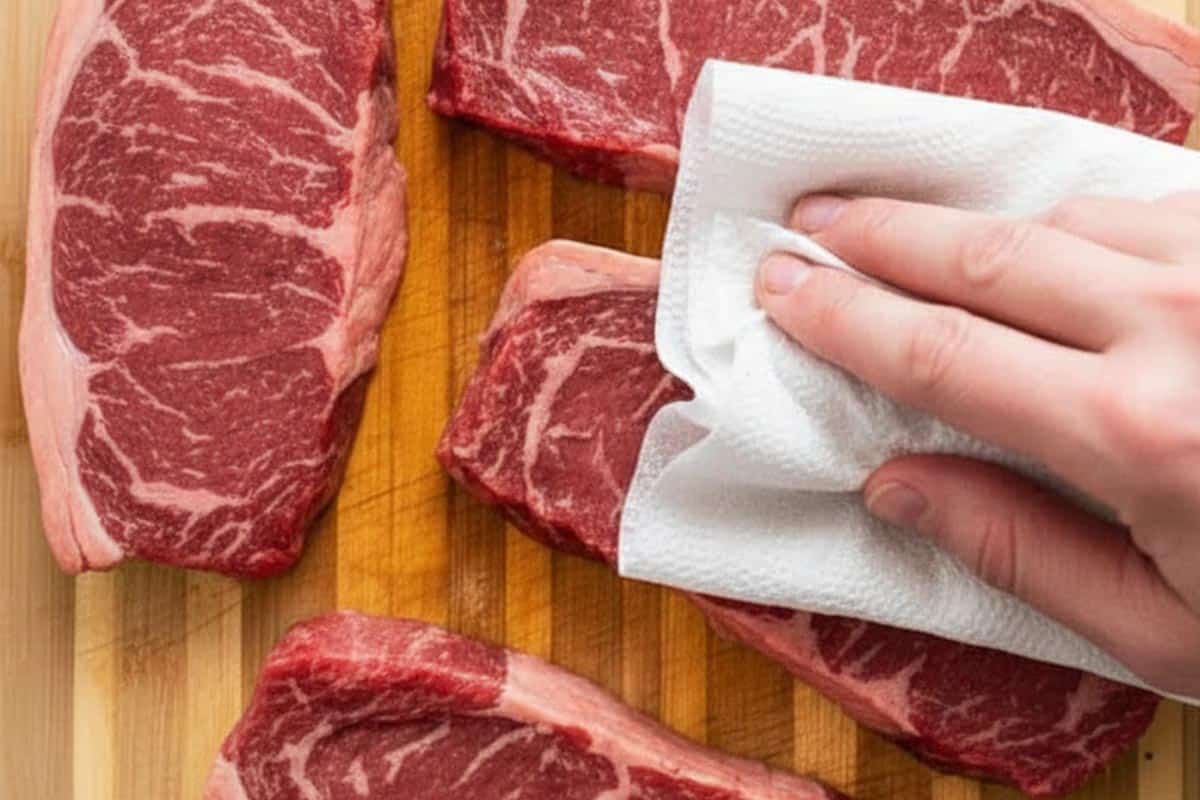 Patting the meat dry using paper towel.