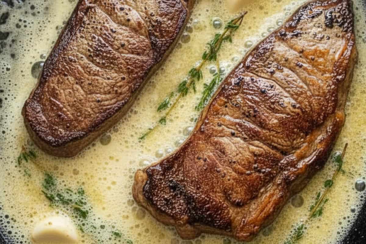 Added butter, garlic and thyme sprigs.