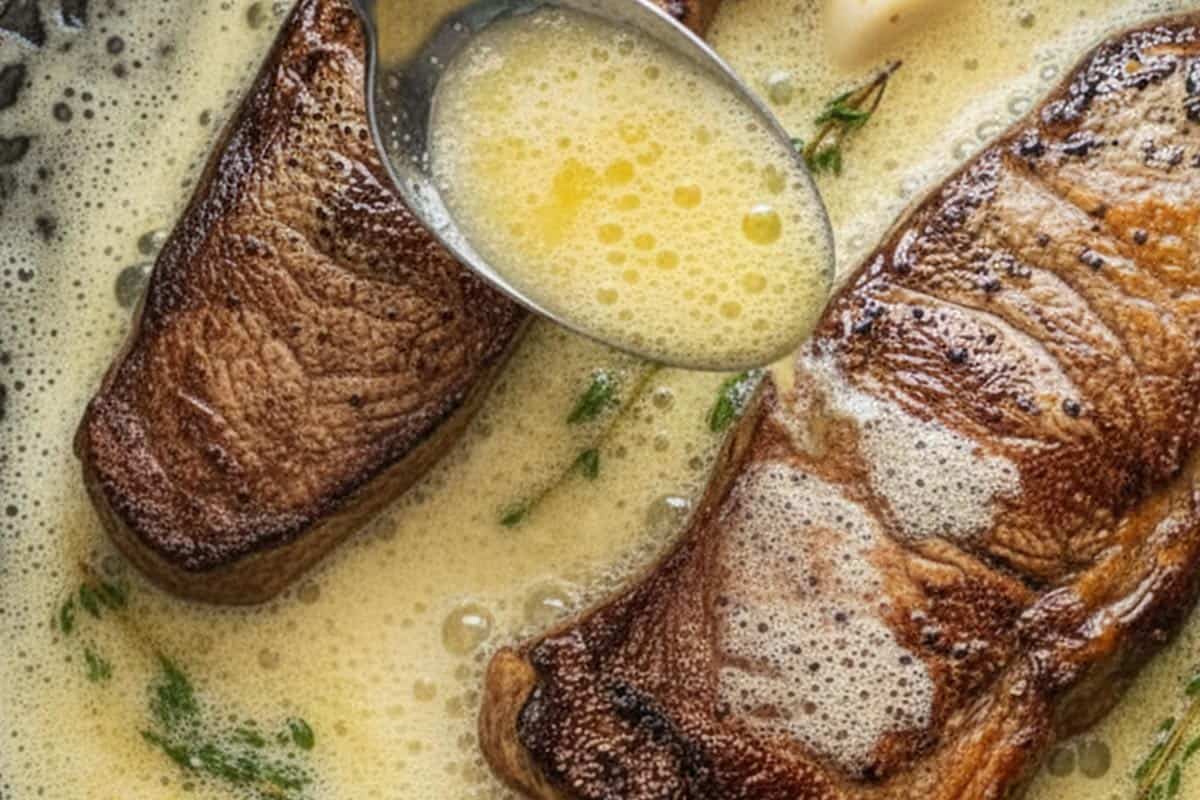 Using a spoon to baste the steaks with the melted butter.