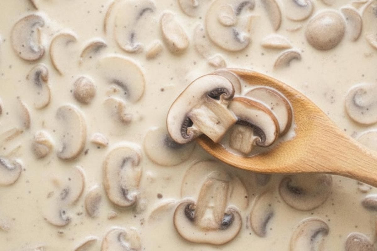 Cooking the creamy mushroom sauce.