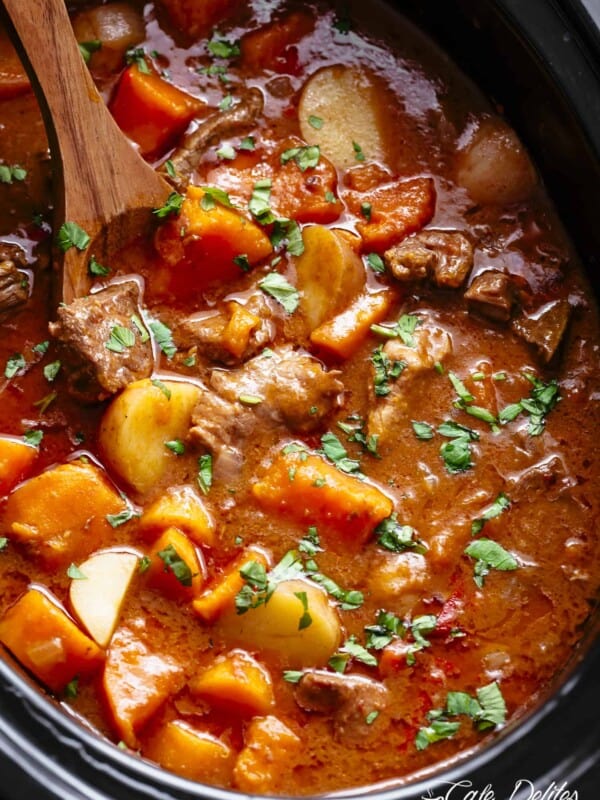 Slow Cooker Beef Stew filled with fall apart, tender beef pieces and sweet potato