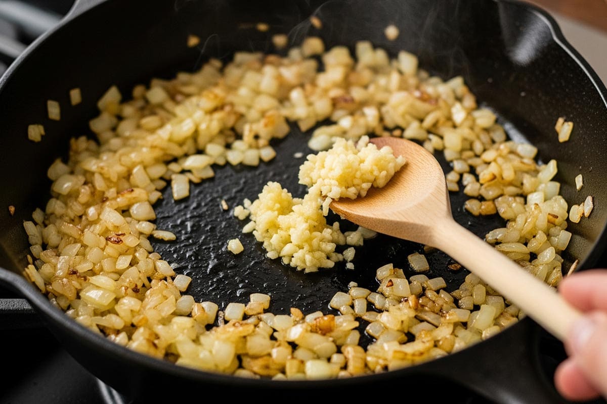Cooking the onion and garlic in a skillet.