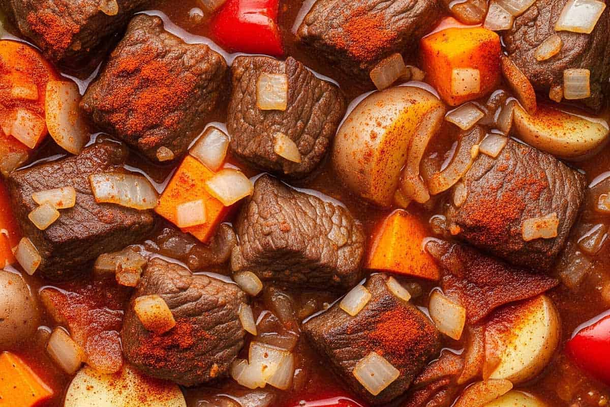 Beef and onions, tossing well to coat. Add broth, wine, tomatoes, paste, bouillon, sweet potatoes, baby potatoes, carrots, bell pepper, paprika, and bay leaves in a slow cooker.