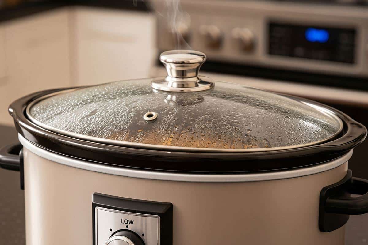 Slow cooker with lid.