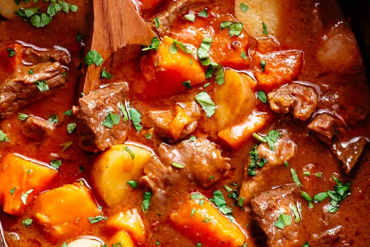 Close-up shot of Slow Cooker Beef Stew With Sweet Potatoes