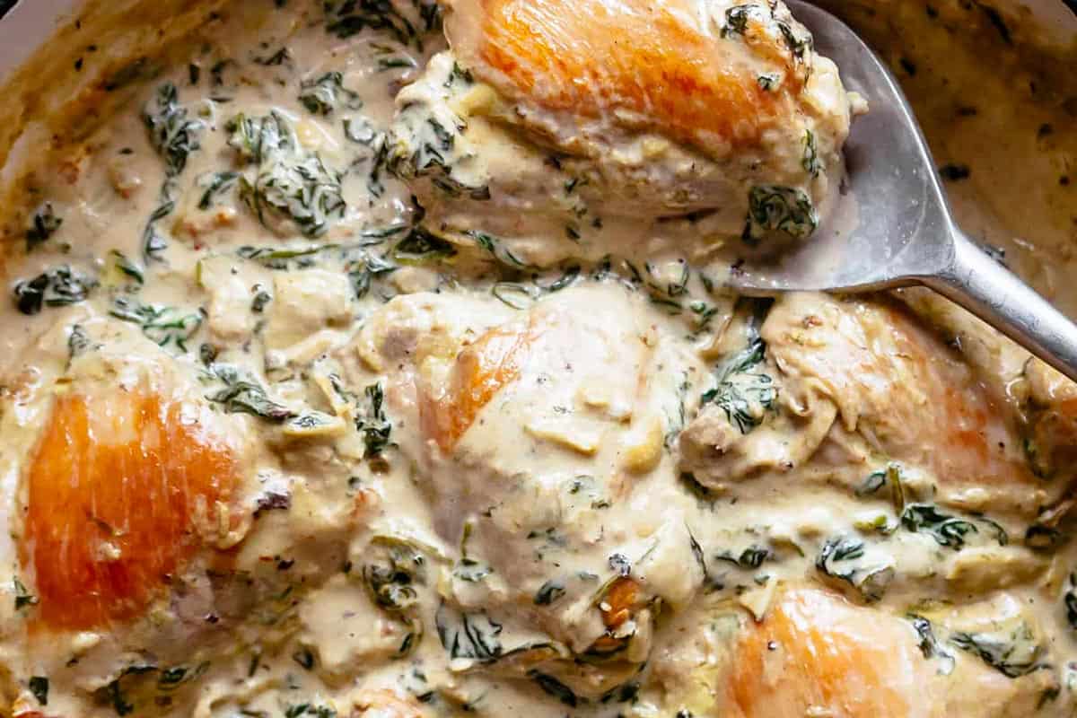 Close-up shot of Spinach Artichoke Chicken.