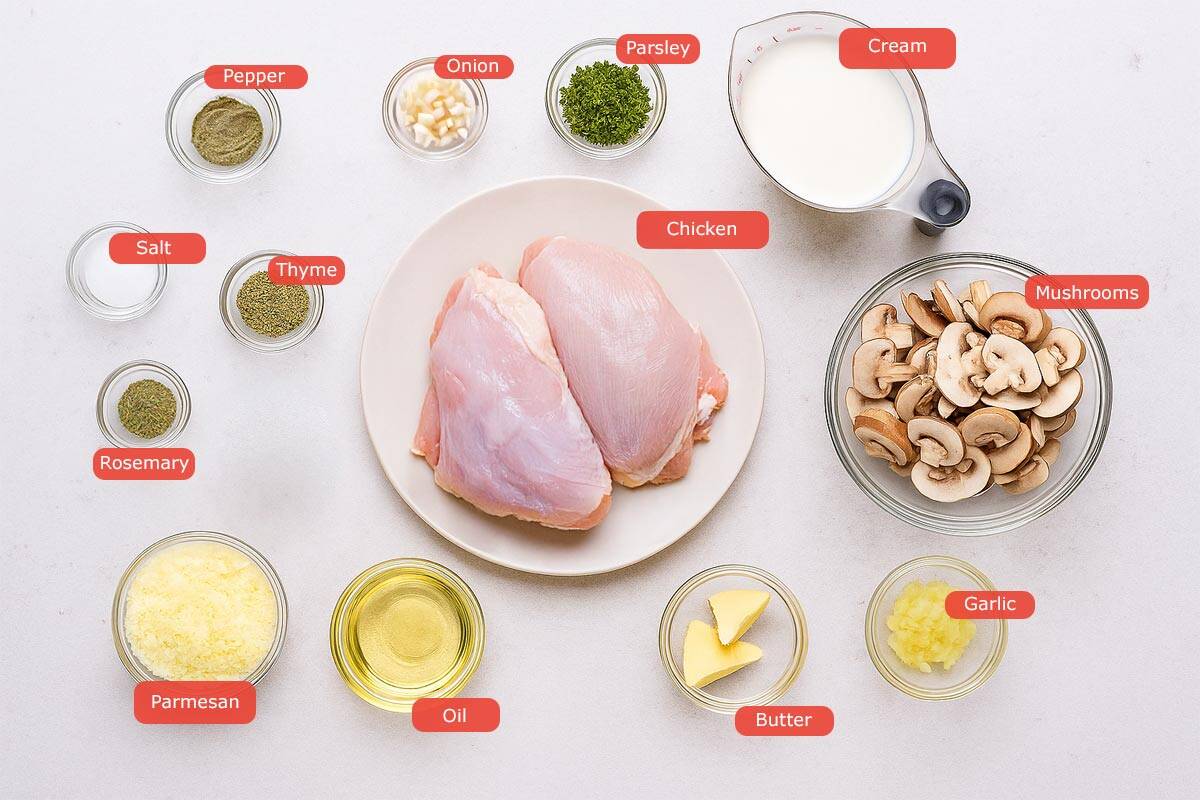 Overhead view of raw boneless chicken thighs on a ceramic plate surrounded by small bowls on a light stone surface.