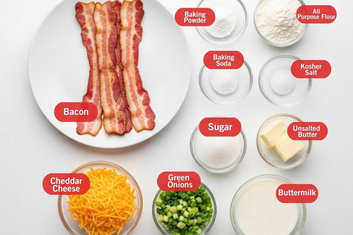Flat lay photo of ingredient shot of bacon, baking powder all purpose flour, baking soda, kosher salt, unsalted butter, sugar, butter milk, green onions, cheddar cheese