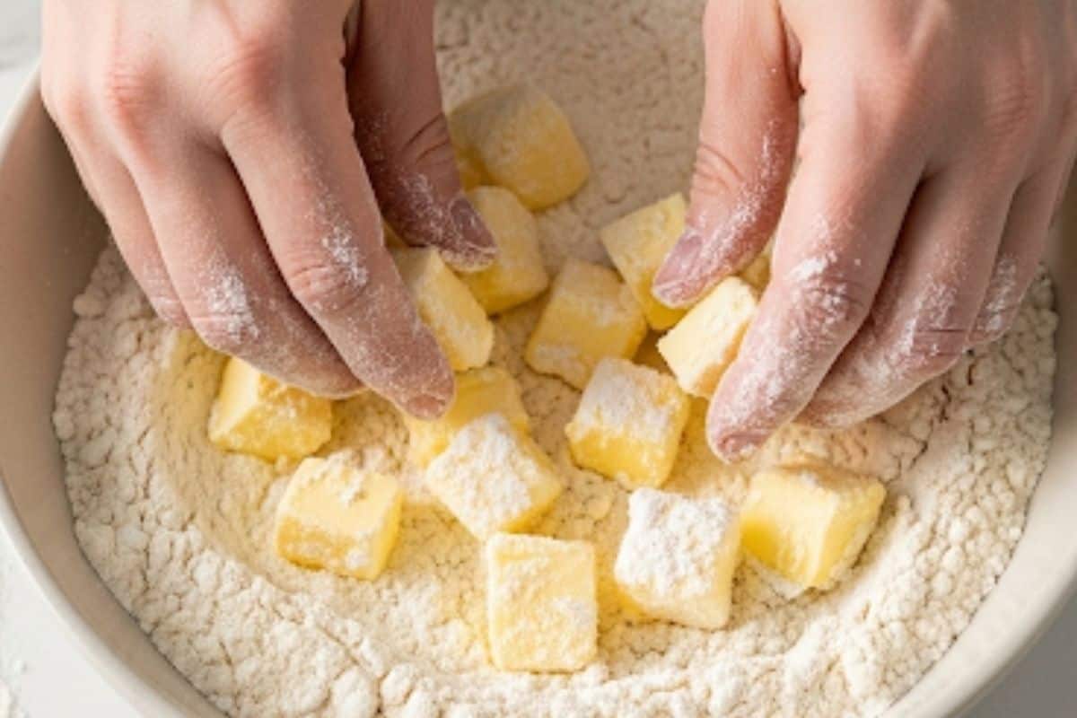 Slice cold butter and coat with flour.