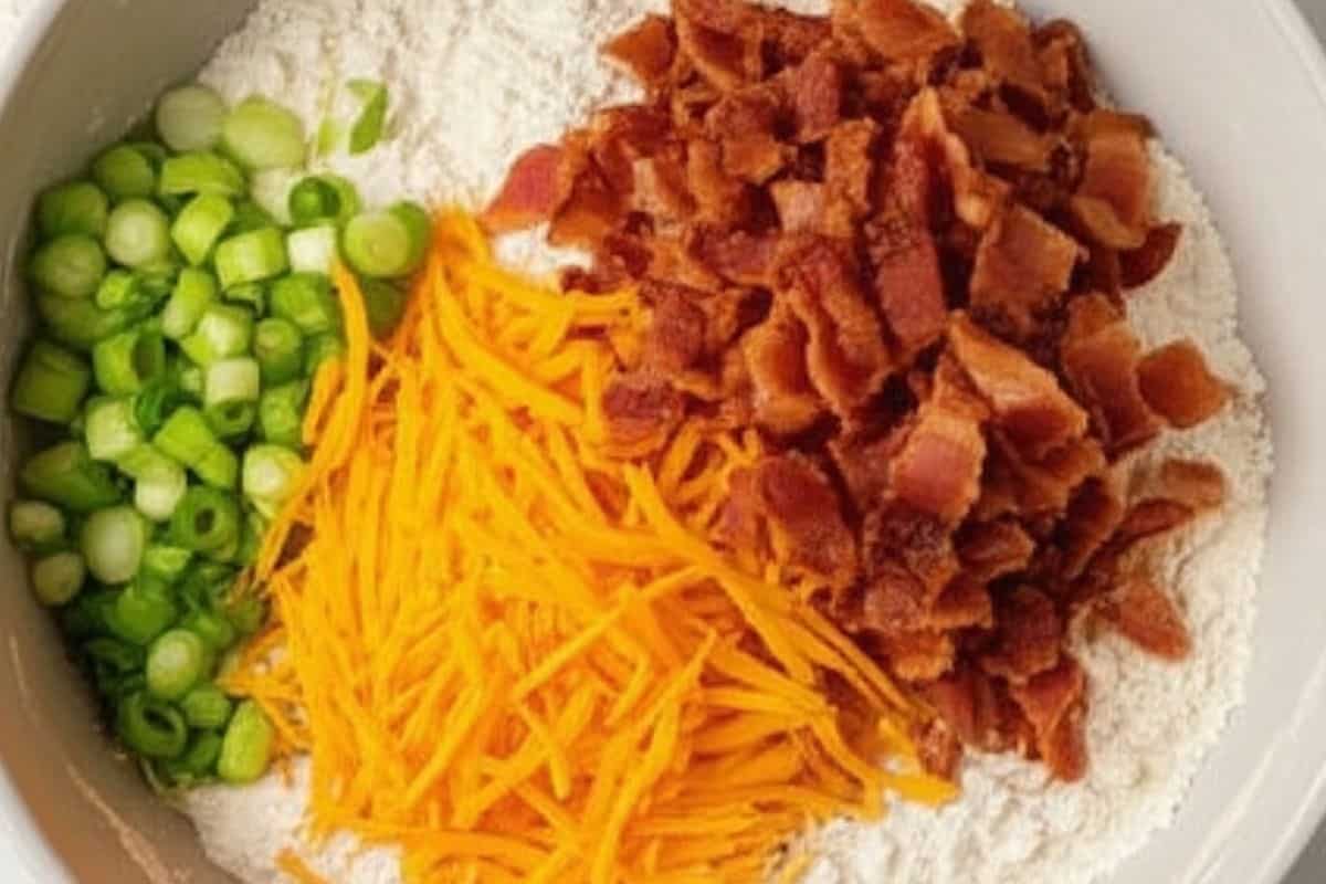 Stir the chopped bacon, shredded cheddar cheese and sliced green onions into the chilled flour mixture.