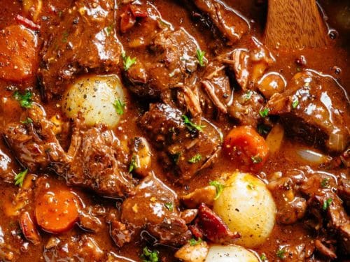 Tender fall apart chunks of beef simmered in a rich red wine gravy makes Julia Child's Beef