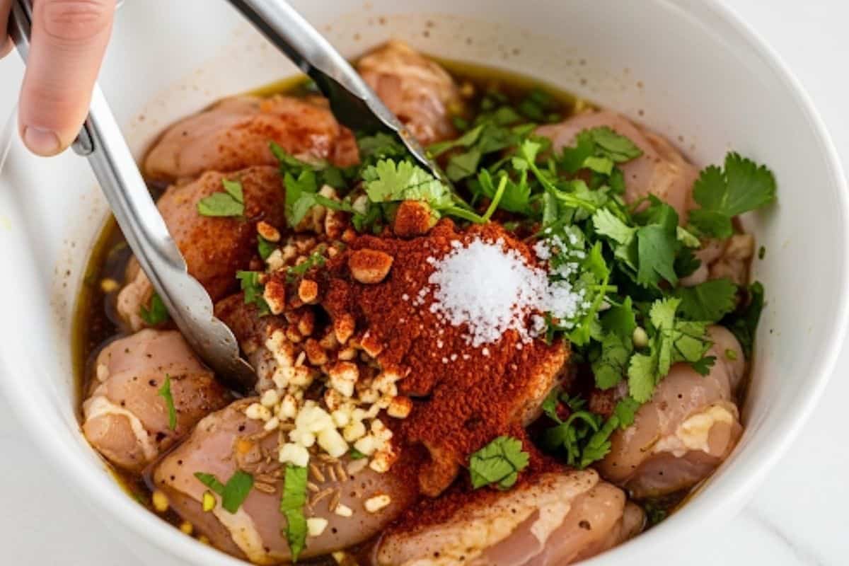 In a bowl, mix lime juice, oil, garlic, cumin, salt, chili powder and cilantro and coat the chicken in the marinade.