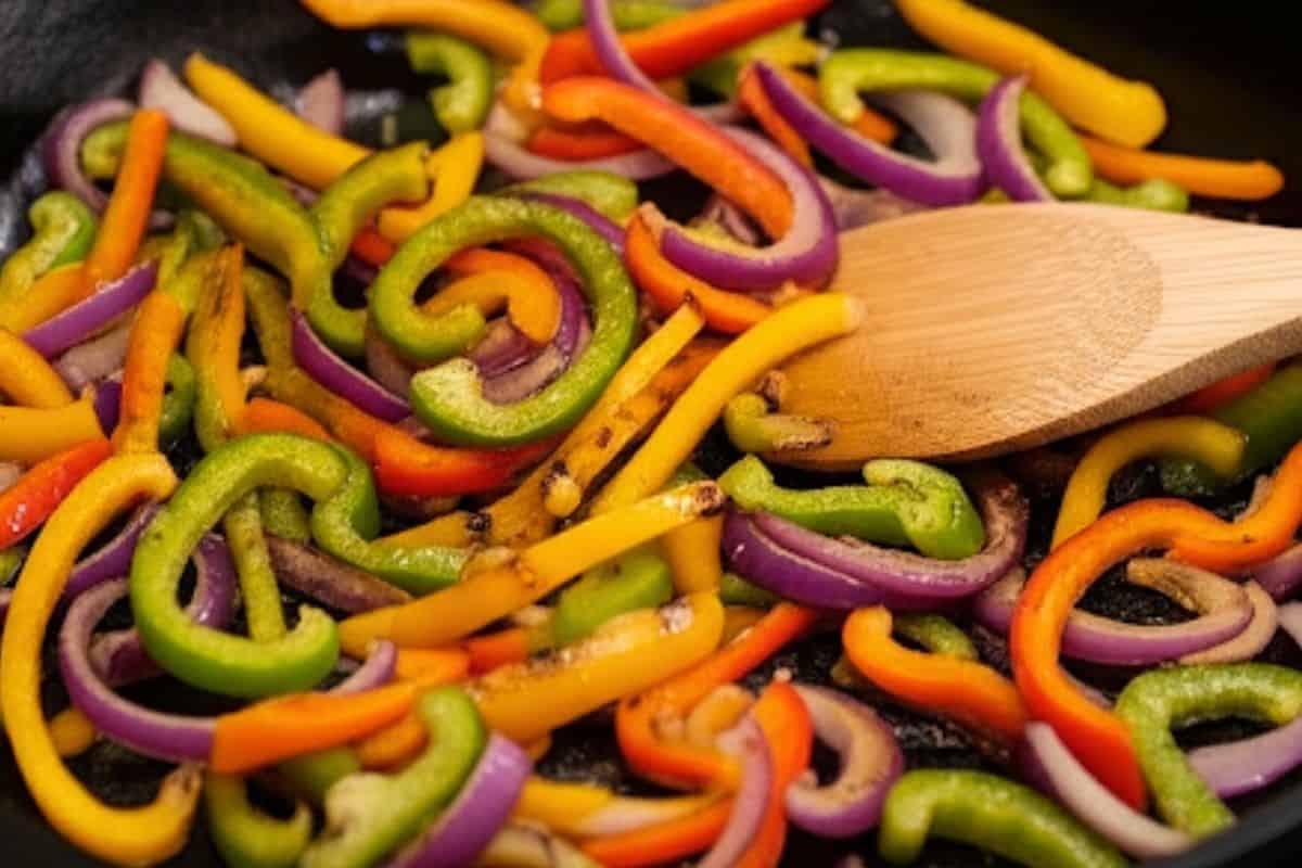 Cook the bell peppers and onion until softened and charred.