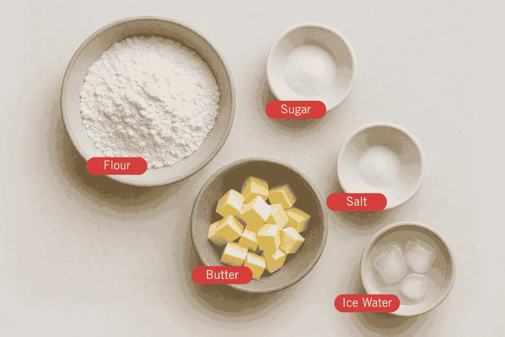 Overhead shot of buttery pie crust ingredients including flour, sugar, salt, butter and ice water