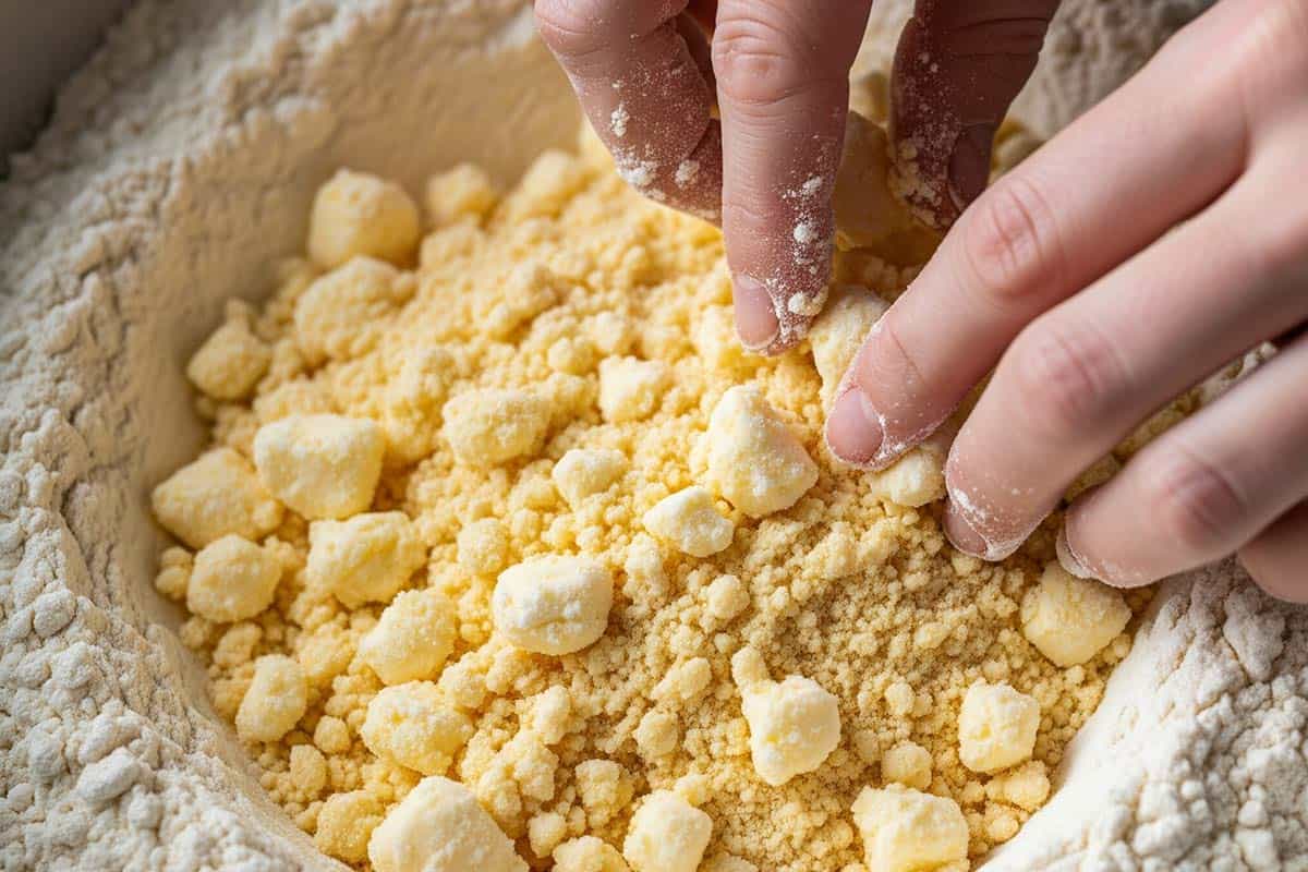 Rubbing the butter into the flour mixture.